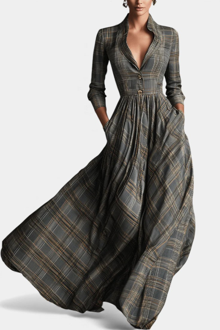 Berta | Vestido Largo Acampanado de Tartán