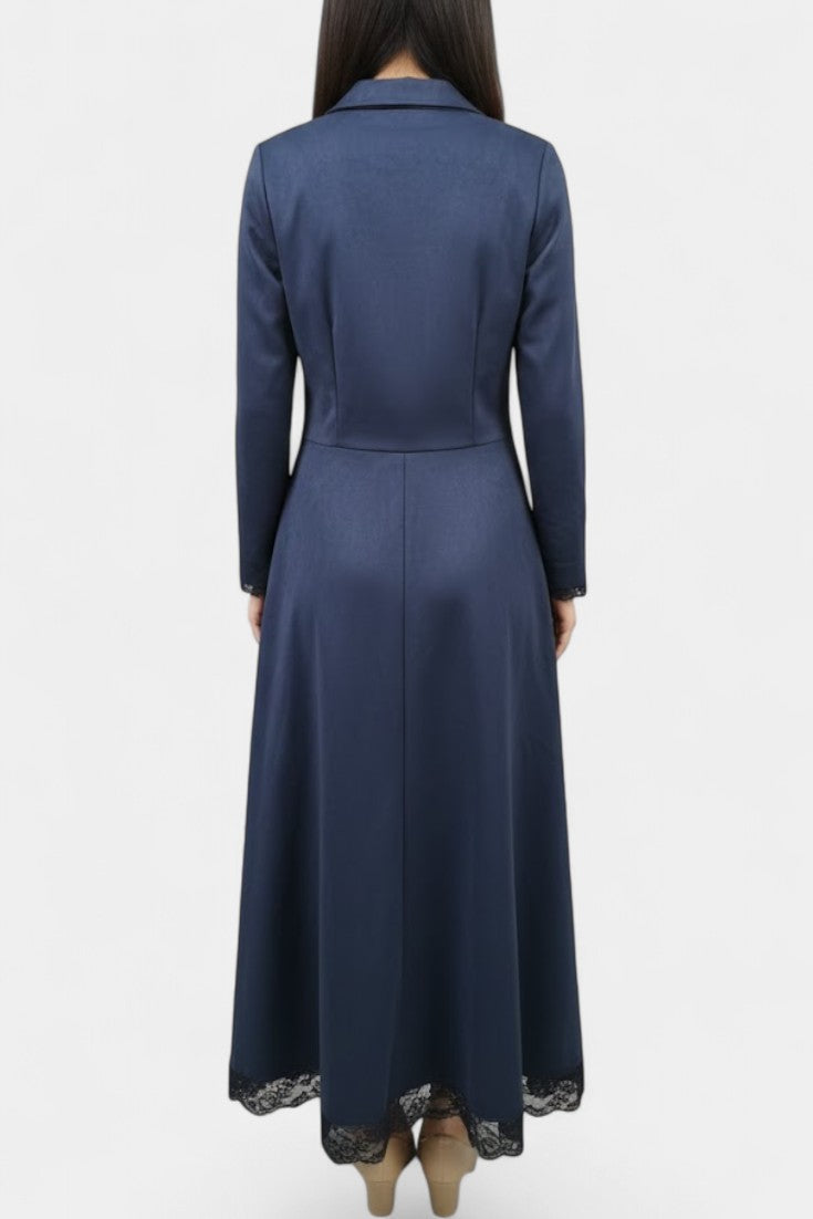 Lorenza | Vestido Largo de Ante con Cuello Camisero y Encaje
