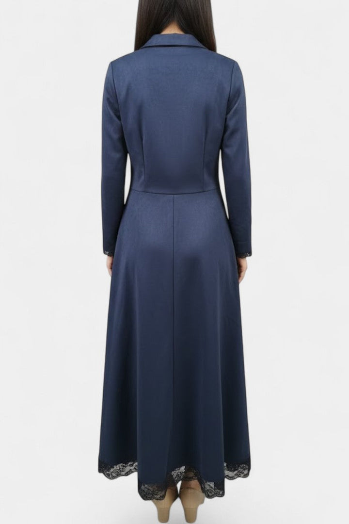Lorenza | Vestido Largo de Ante con Cuello Camisero y Encaje