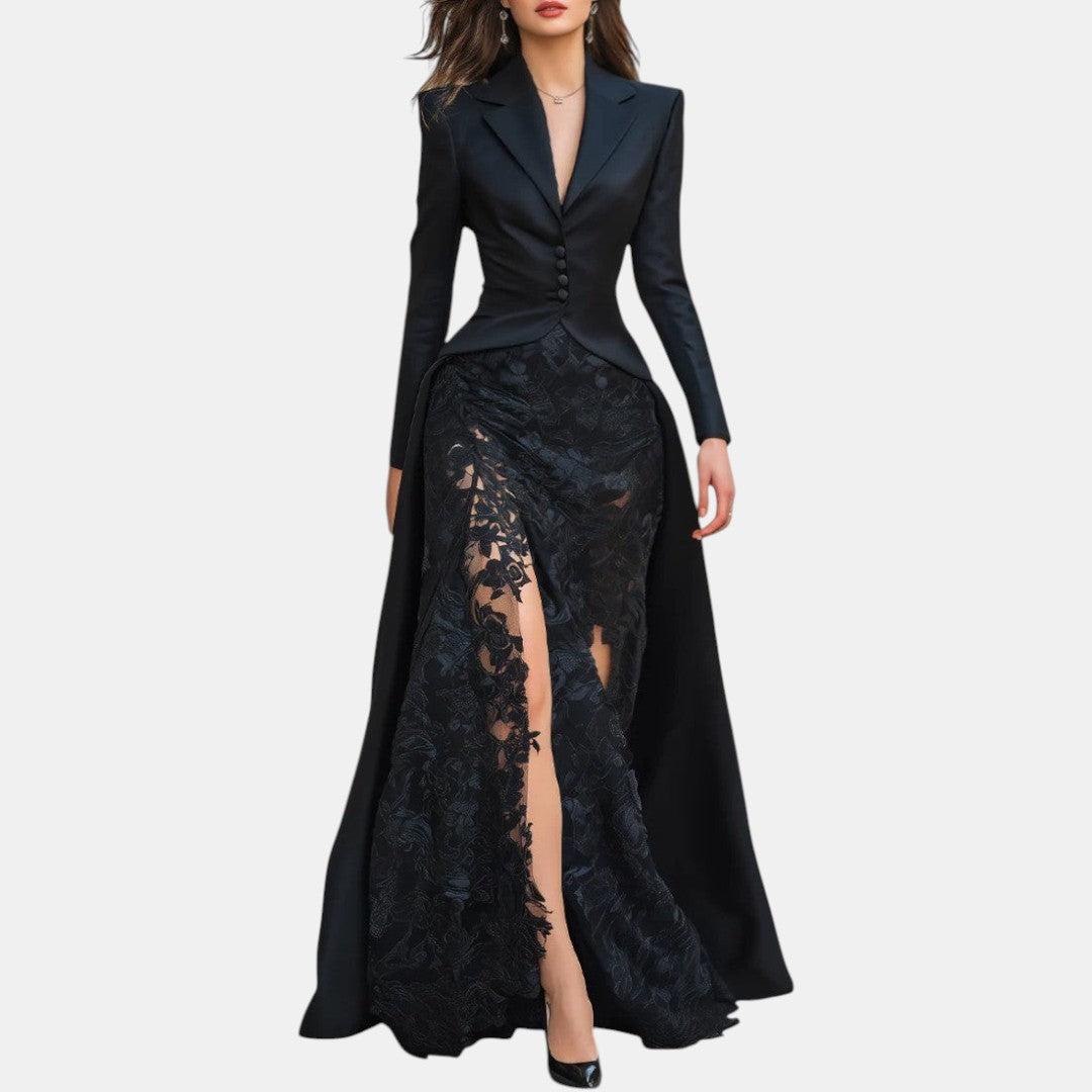 Hermelinda | Vestido Largo Blazer de Satén y Encaje Negro