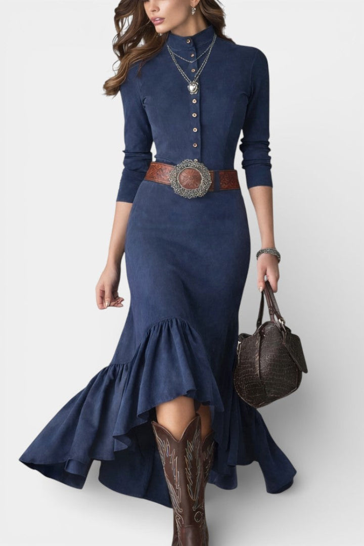Alondra | Vestido Maxi Azul Marino con Cuello Alto