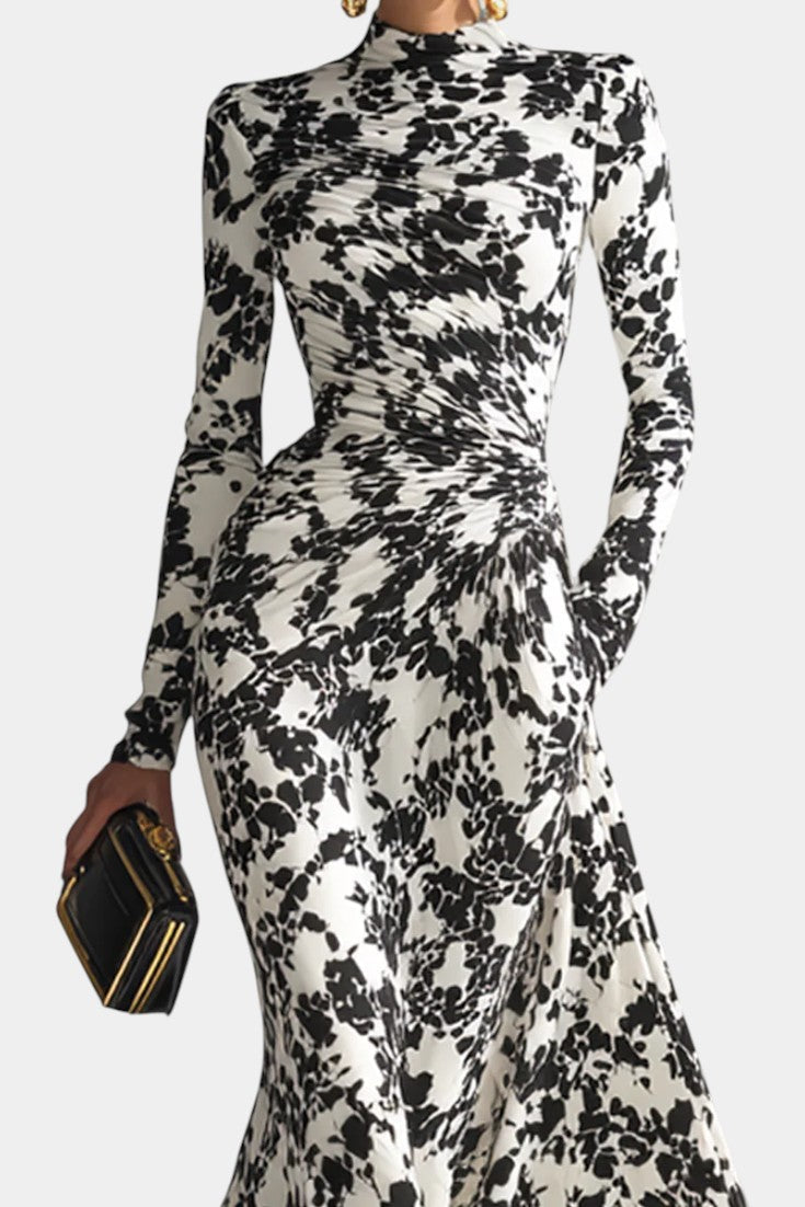 Úrsula | Vestido Midi Floral Blanco y Negro con Cuello Alto