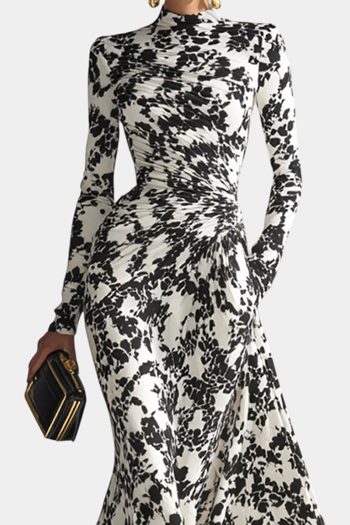 Úrsula | Vestido Midi Floral Blanco y Negro con Cuello Alto