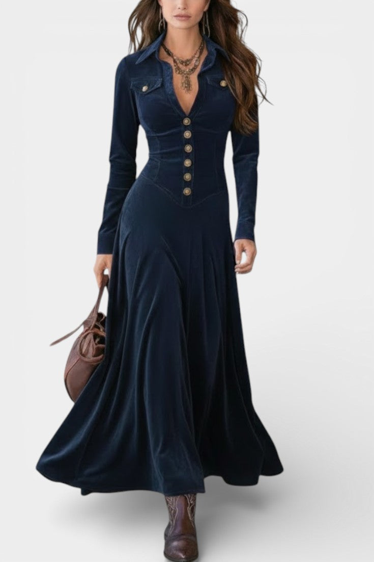 Silvina | Vestido Largo de Ante con Botones y Escote