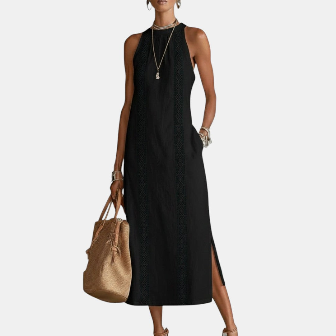 Javiera | Vestido Midi de Lino con Cuello Mao
