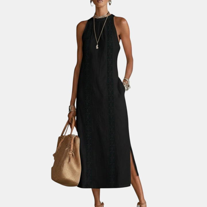 Javiera | Vestido Midi de Lino con Cuello Mao