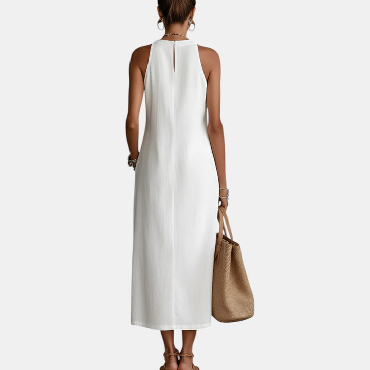 Javiera | Vestido Midi de Lino con Cuello Mao