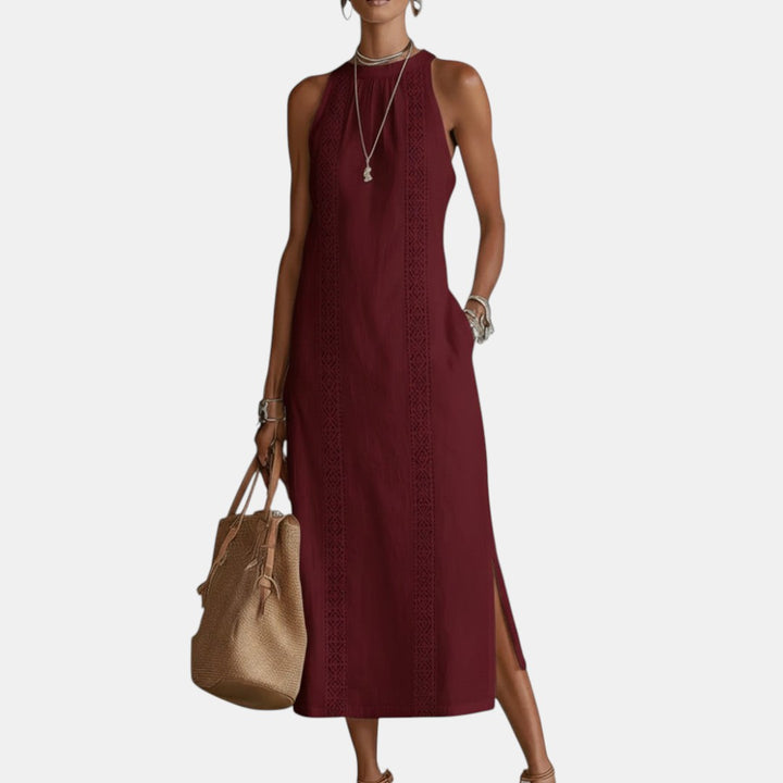 Javiera | Vestido Midi de Lino con Cuello Mao