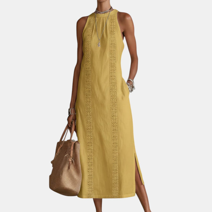 Javiera | Vestido Midi de Lino con Cuello Mao