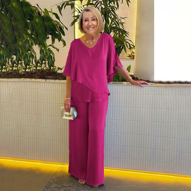 Sarina | Conjunto Elegante de Dos Piezas – Top de Cuello en V y Pantalones Relajados