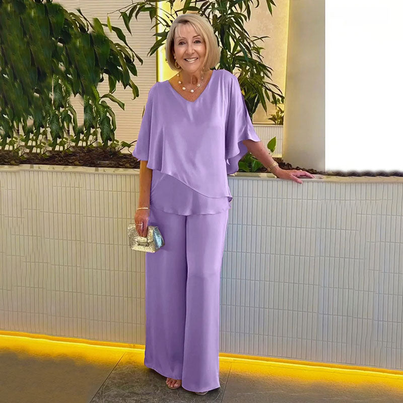 Sarina | Conjunto Elegante de Dos Piezas – Top de Cuello en V y Pantalones Relajados