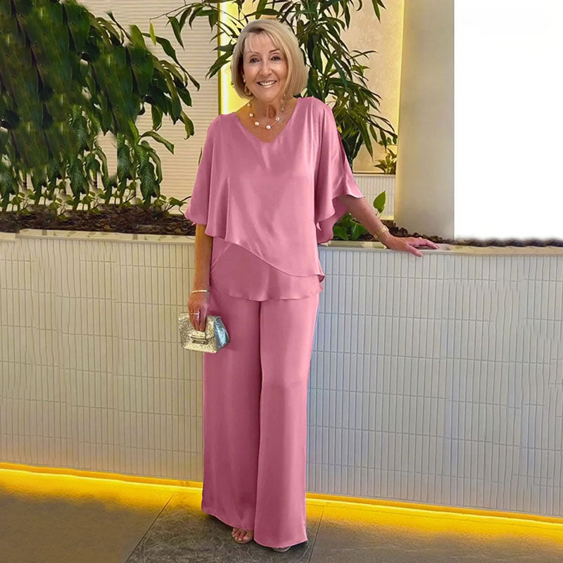 Sarina | Conjunto Elegante de Dos Piezas – Top de Cuello en V y Pantalones Relajados