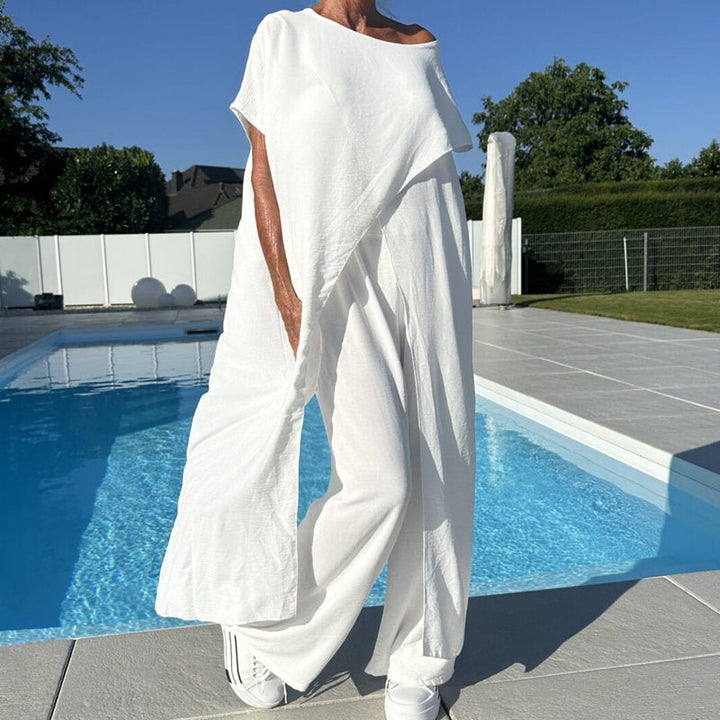 Gabbie | Conjunto Elegante de Dos Piezas con Hombros Descubiertos – Top Relajado y Pantalones de Pierna Ancha