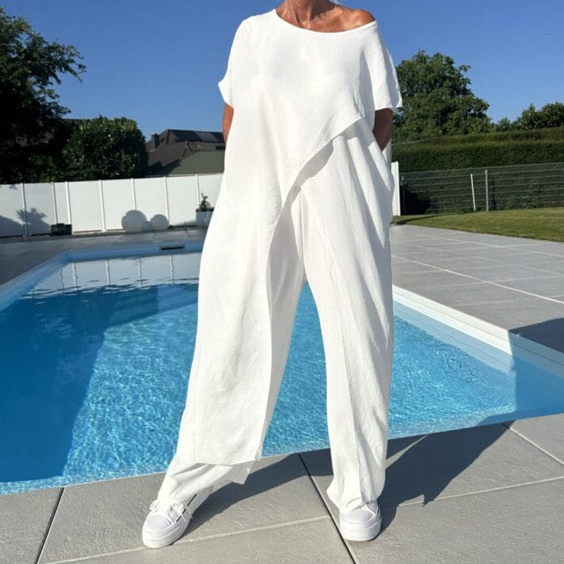 Gabbie | Conjunto Elegante de Dos Piezas con Hombros Descubiertos – Top Relajado y Pantalones de Pierna Ancha