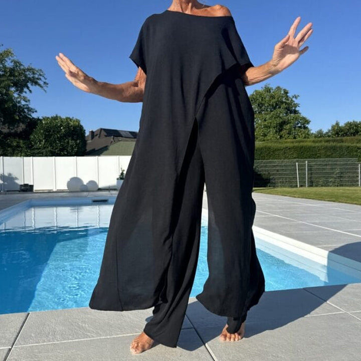 Gabbie | Conjunto Elegante de Dos Piezas con Hombros Descubiertos – Top Relajado y Pantalones de Pierna Ancha