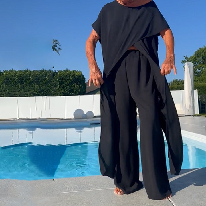 Gabbie | Conjunto Elegante de Dos Piezas con Hombros Descubiertos – Top Relajado y Pantalones de Pierna Ancha