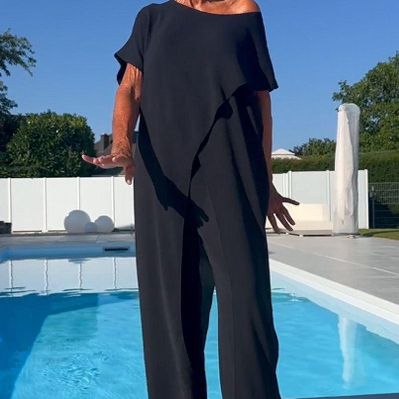 Gabbie | Conjunto Elegante de Dos Piezas con Hombros Descubiertos – Top Relajado y Pantalones de Pierna Ancha