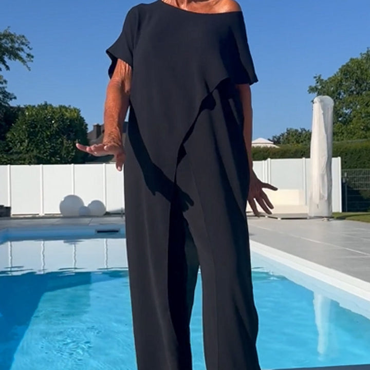 Gabbie | Conjunto Elegante de Dos Piezas con Hombros Descubiertos – Top Relajado y Pantalones de Pierna Ancha