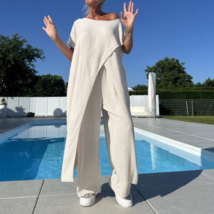 Gabbie | Conjunto Elegante de Dos Piezas con Hombros Descubiertos – Top Relajado y Pantalones de Pierna Ancha