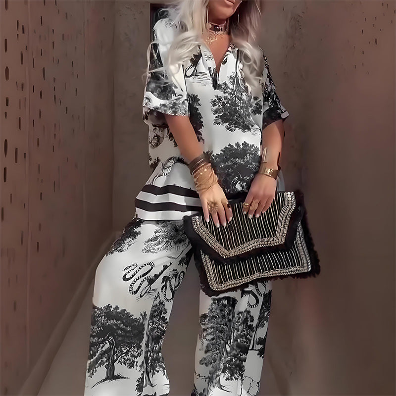 Linette | Top Impreso de Cuello en V &amp; Pantalones Largos – Conjunto Relajado de Dos Piezas
